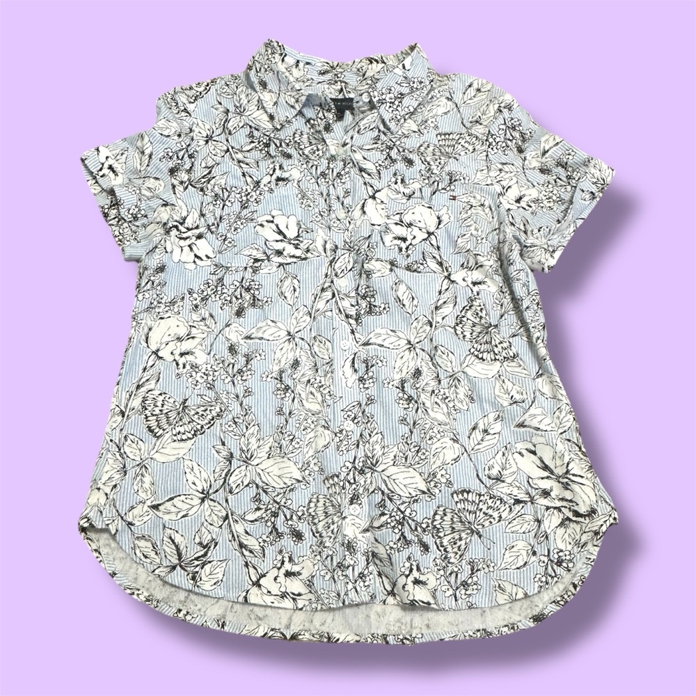 Tommy Hilfiger Women's Blue and White Floral Button Down Shirt